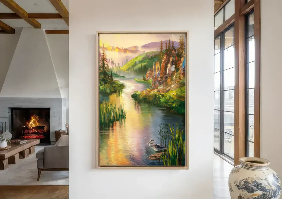 Spokane Scenic River canvas wall art in a living room with a fireplace