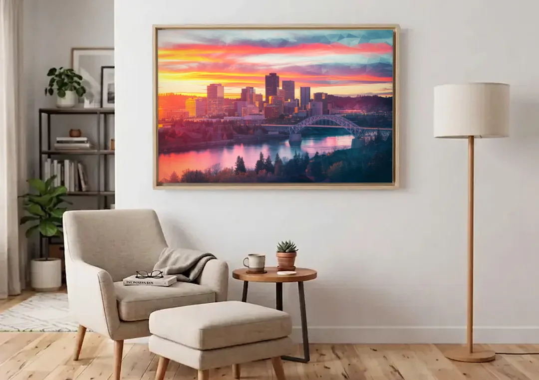 Spokane Skyline Sunset canvas wall art above an armchair in a bright living room