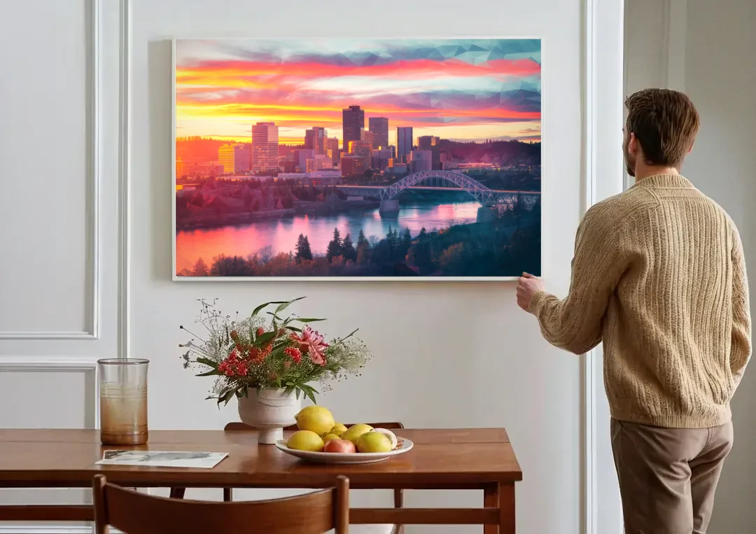 Spokane Skyline Sunset canvas wall art above a dining table