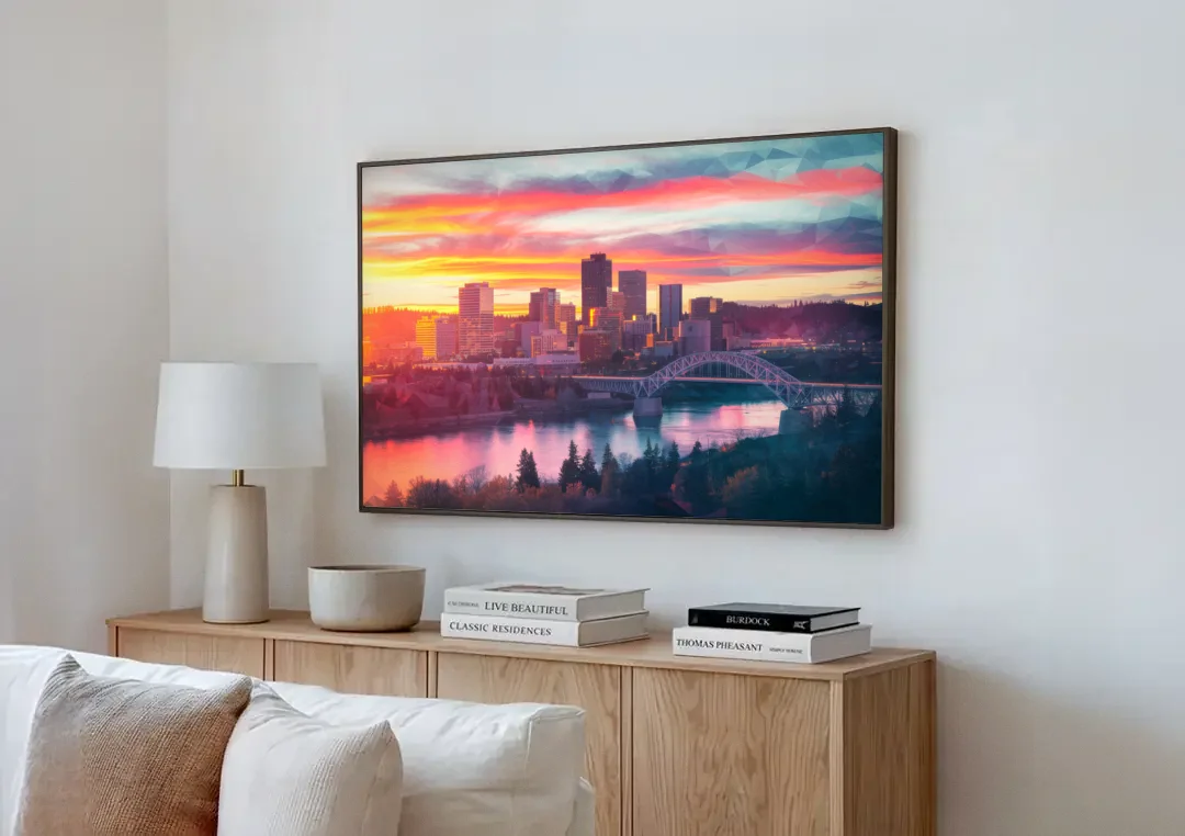 Spokane Skyline Sunset canvas wall art above a wooden sideboard next to a sofa