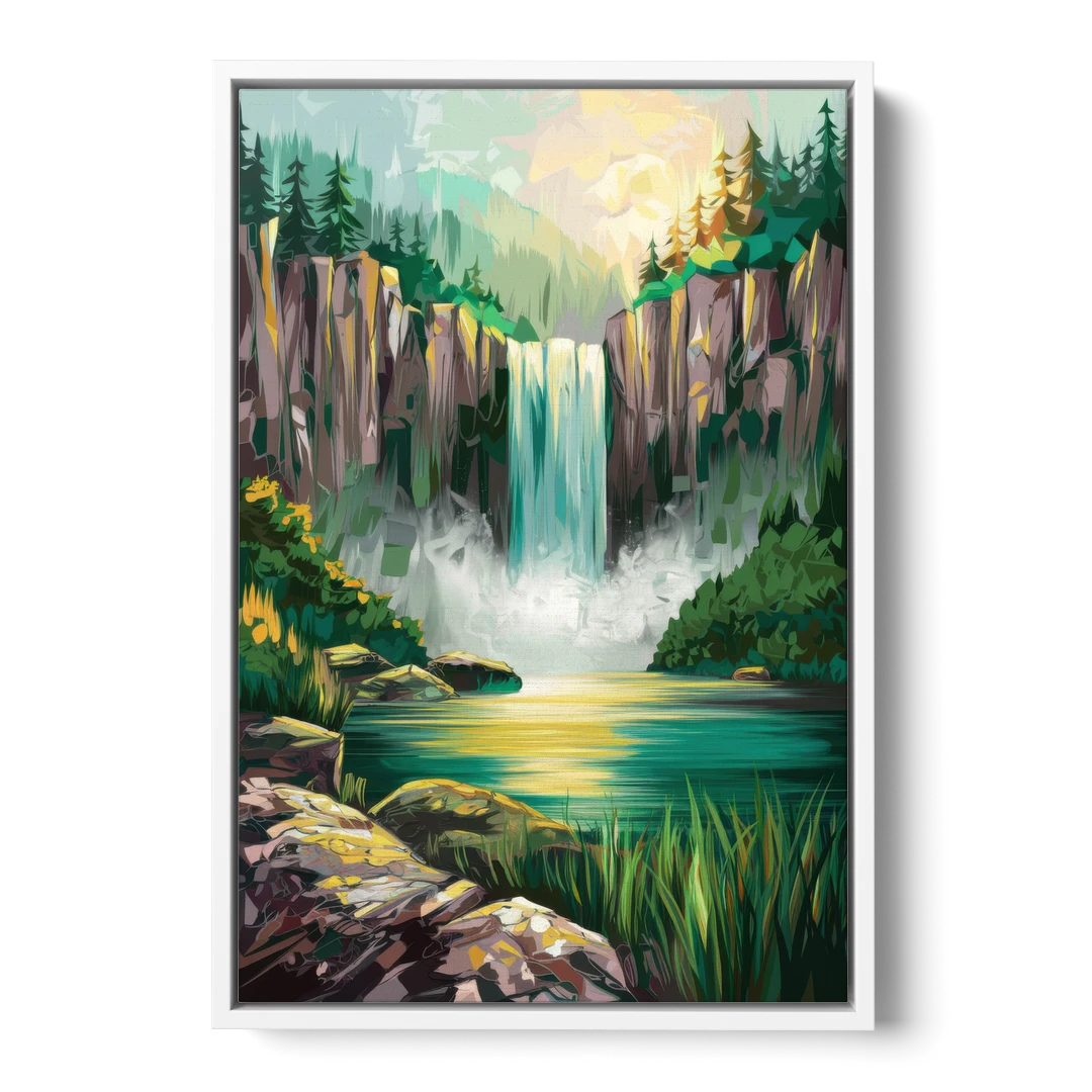 Spokane Waterfalls Scene - White Framed Canvas Wall Art - Front