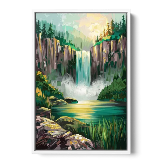Spokane Waterfalls Scene - White Framed Canvas Wall Art - Front