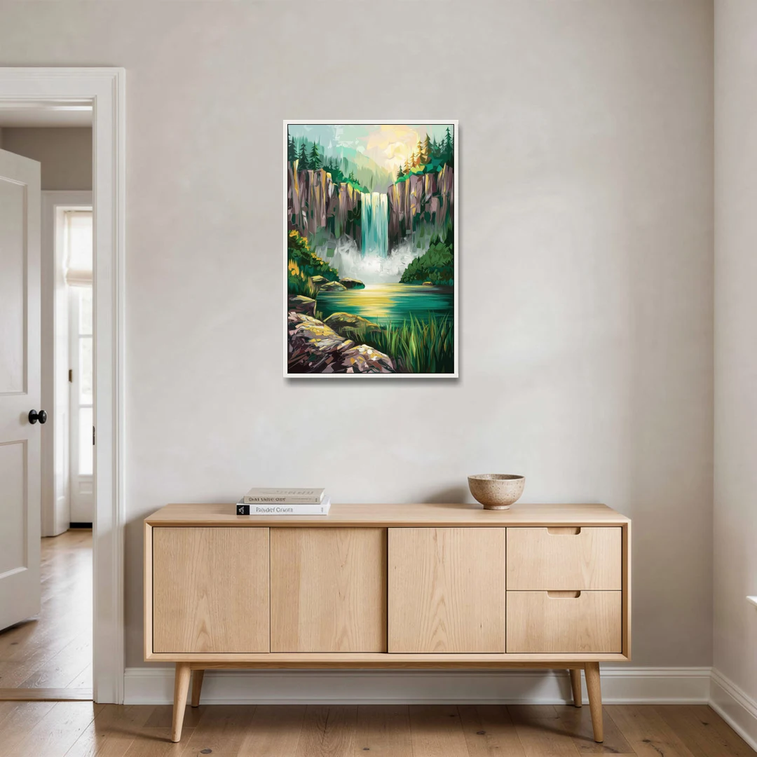 Spokane Waterfalls Scene - White Framed Canvas Wall Art - Coffee Table - 24x36