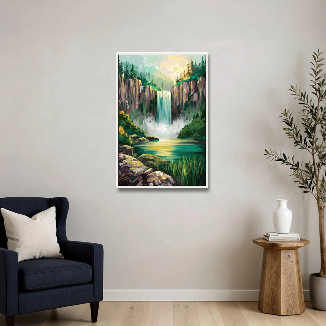 Spokane Waterfalls Scene - White Framed Canvas Wall Art - Sofa - 24x36