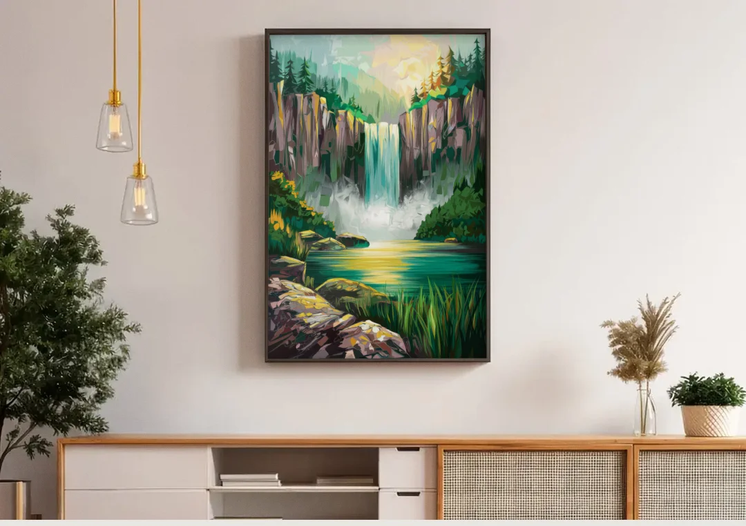 Spokane Waterfalls Scene canvas wall art above a wooden sideboard under pendant lights