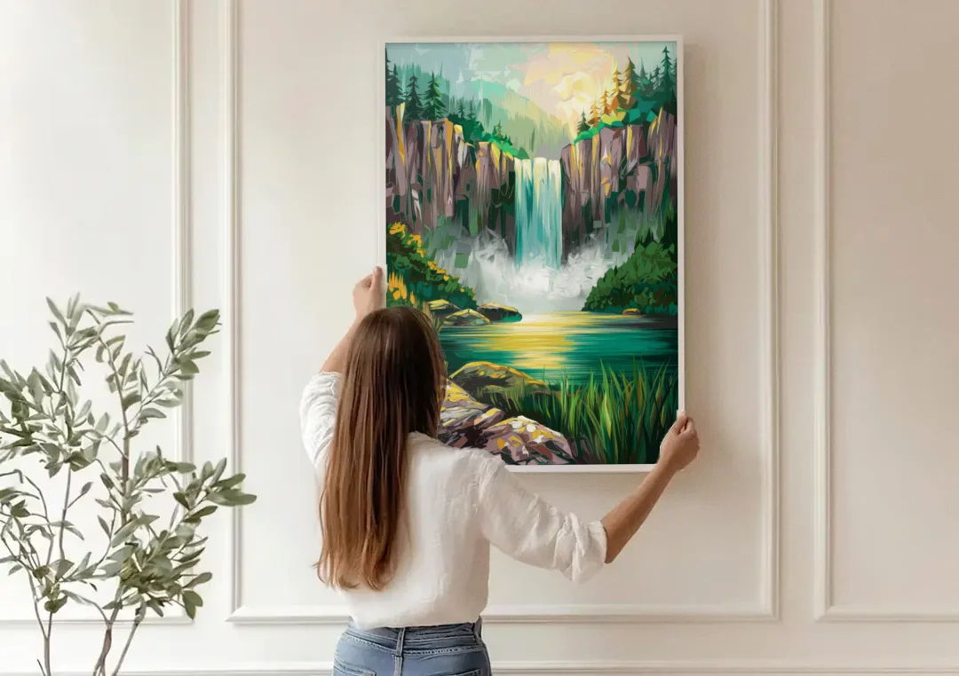 Spokane Waterfalls Scene canvas wall art being hung on a paneled wall