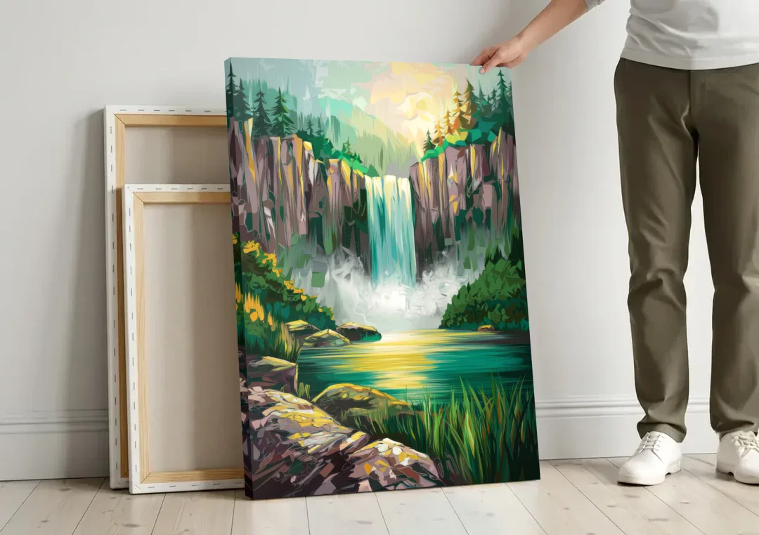 Spokane Waterfalls Scene canvas wall art leaning against a wall next to blank canvases