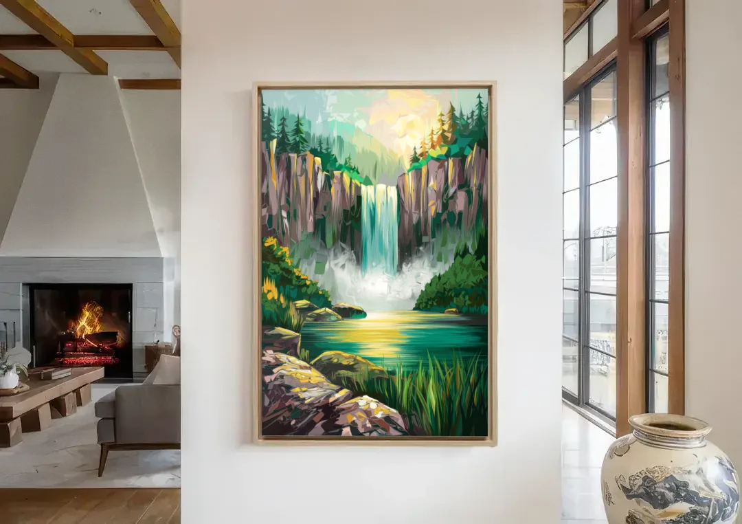 Spokane Waterfalls Scene canvas wall art in a living room with a fireplace