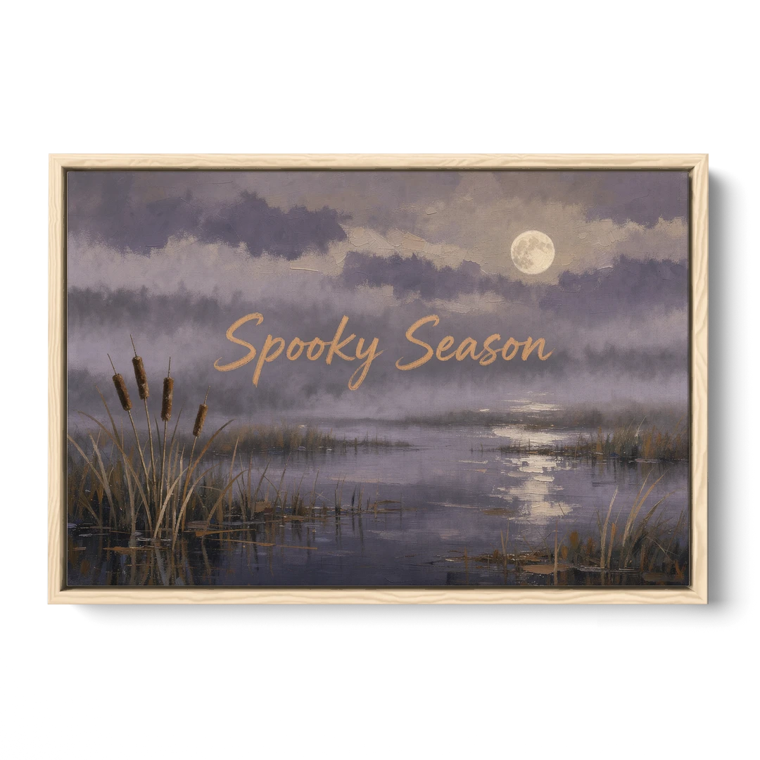 Spooky Halloween Canvas of a Moonlit Marsh - Oak Framed Canvas Wall Art - Front