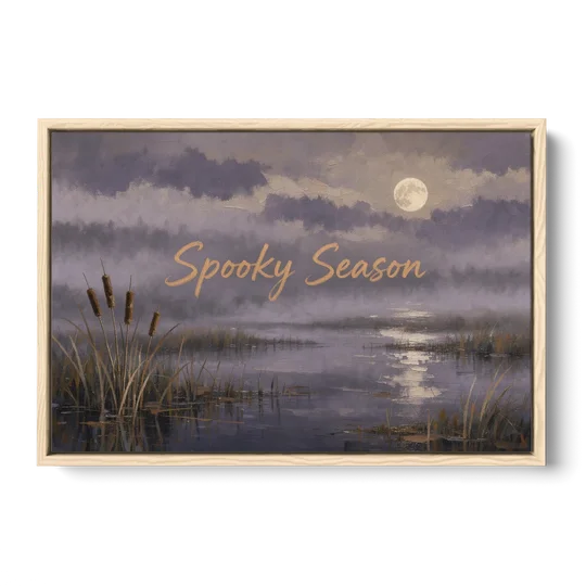 Spooky Halloween Canvas of a Moonlit Marsh - Oak Framed Canvas Wall Art - Front