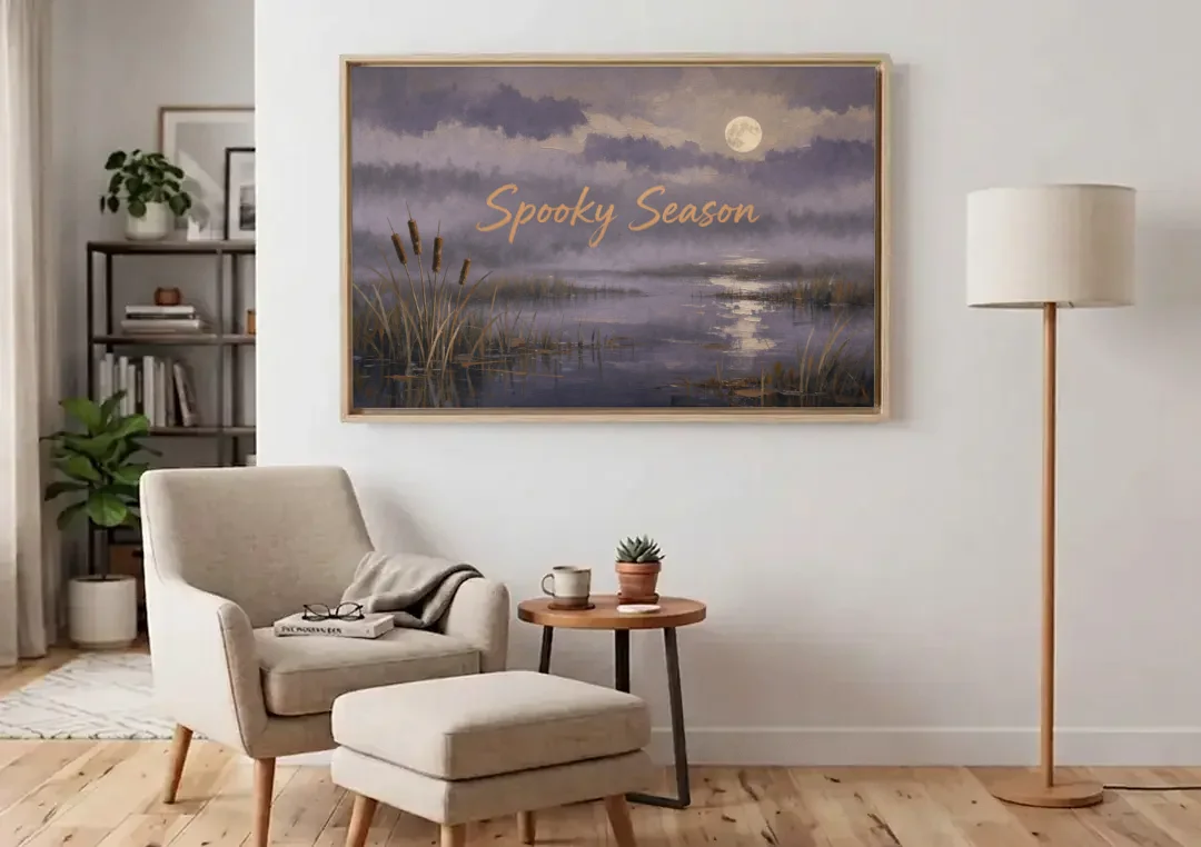 Spooky Halloween Canvas of a Moonlit Marsh canvas wall art above an armchair in a bright living room