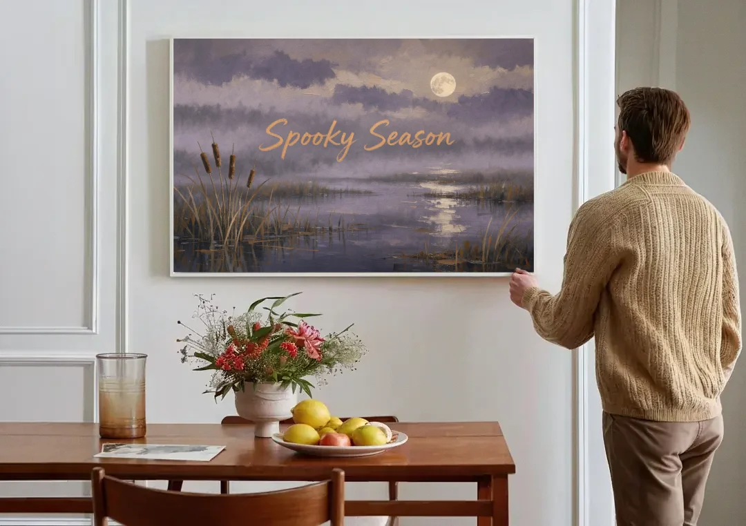 Spooky Halloween Canvas of a Moonlit Marsh canvas wall art above a dining table