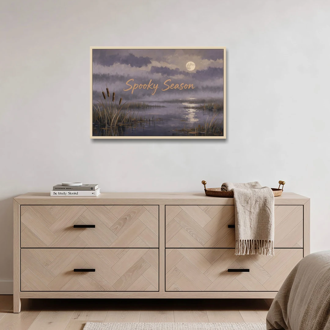 Spooky Halloween Canvas of a Moonlit Marsh - Oak Framed Canvas Wall Art - Coffee Table - 36x24