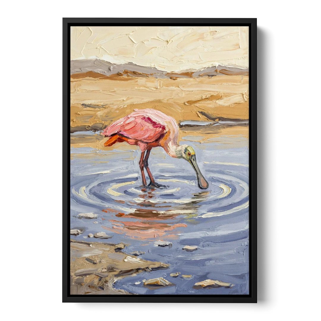 Spoonbill Painting in Golden Shallows - Black Framed Canvas Wall Art - Front