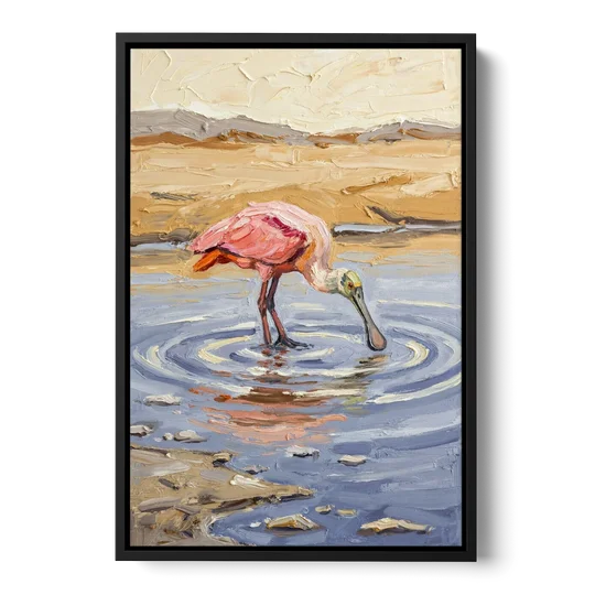 Spoonbill Painting in Golden Shallows - Black Framed Canvas Wall Art - Front