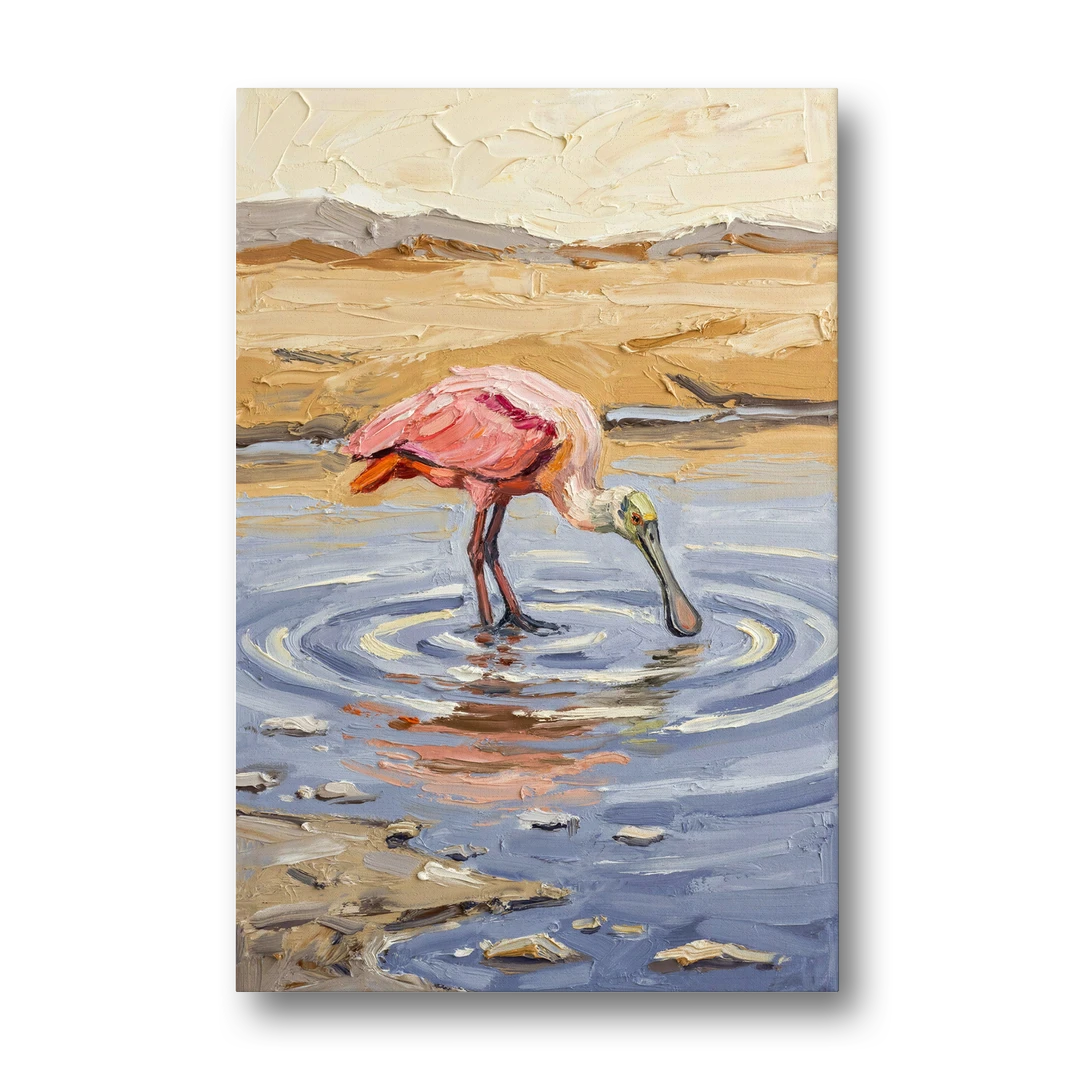 Spoonbill Painting in Golden Shallows - Canvas Wall Art - Front