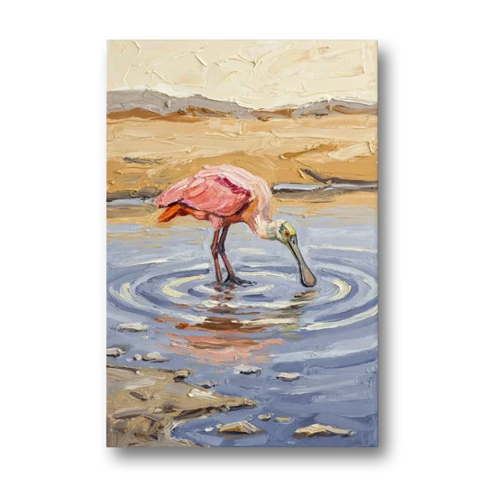 Spoonbill Painting in Golden Shallows - Canvas Wall Art - Front