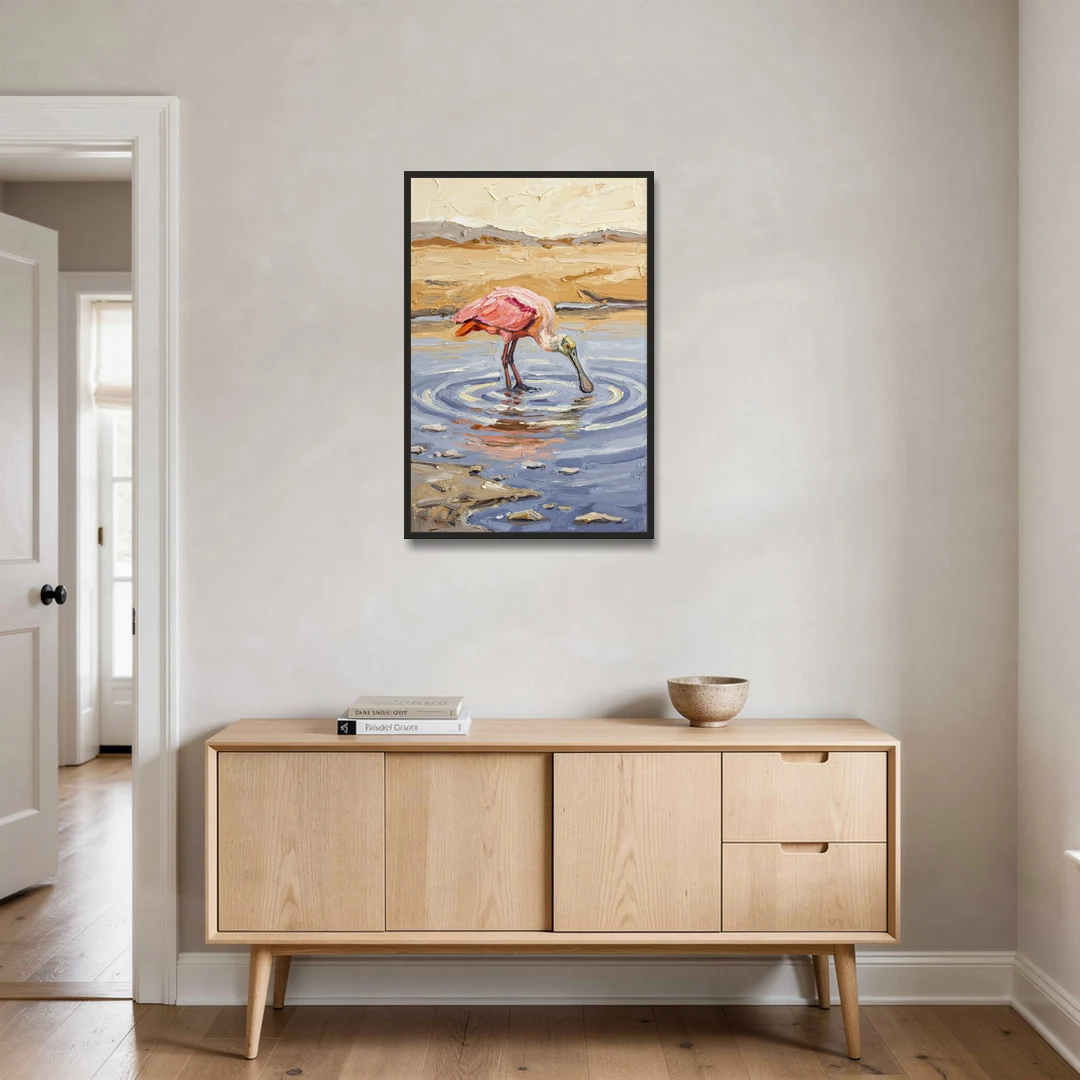 Spoonbill Painting in Golden Shallows - Black Framed Canvas Wall Art - Coffee Table - 24x36