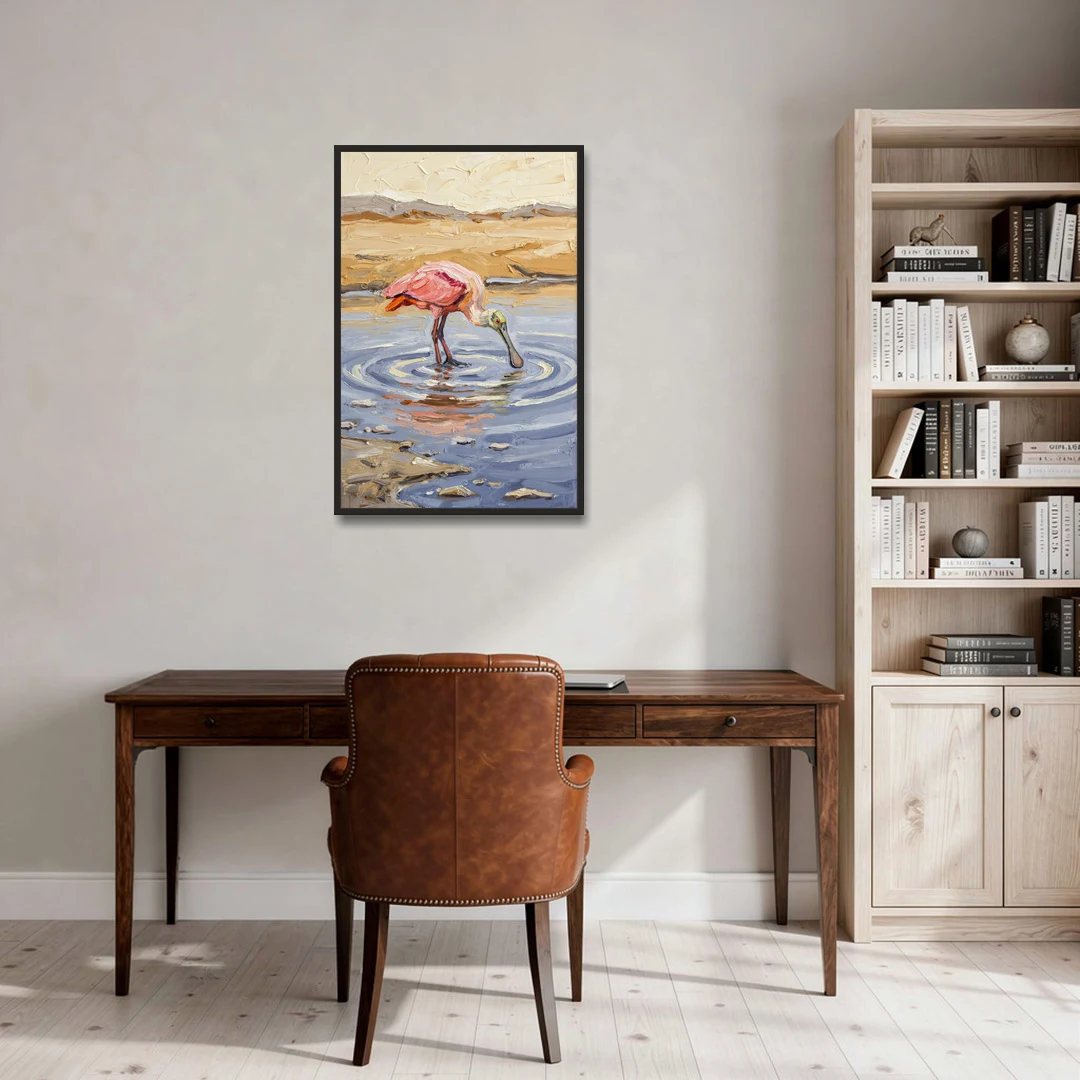 Spoonbill Painting in Golden Shallows - Black Framed Canvas Wall Art - Office - 24x36