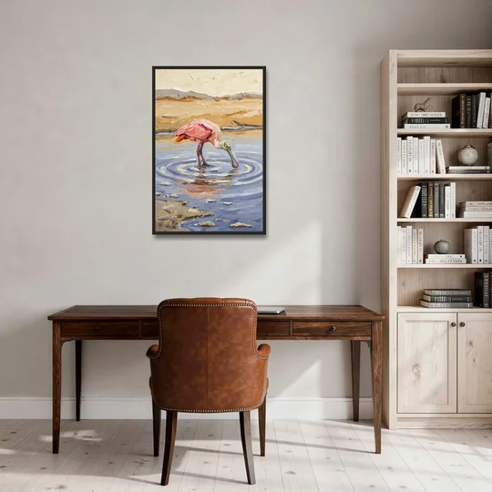 Spoonbill Painting in Golden Shallows - Black Framed Canvas Wall Art - Office - 24x36