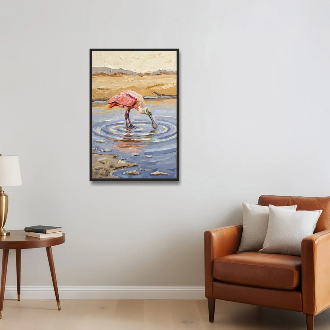 Spoonbill Painting in Golden Shallows - Black Framed Canvas Wall Art - Sofa - 24x36