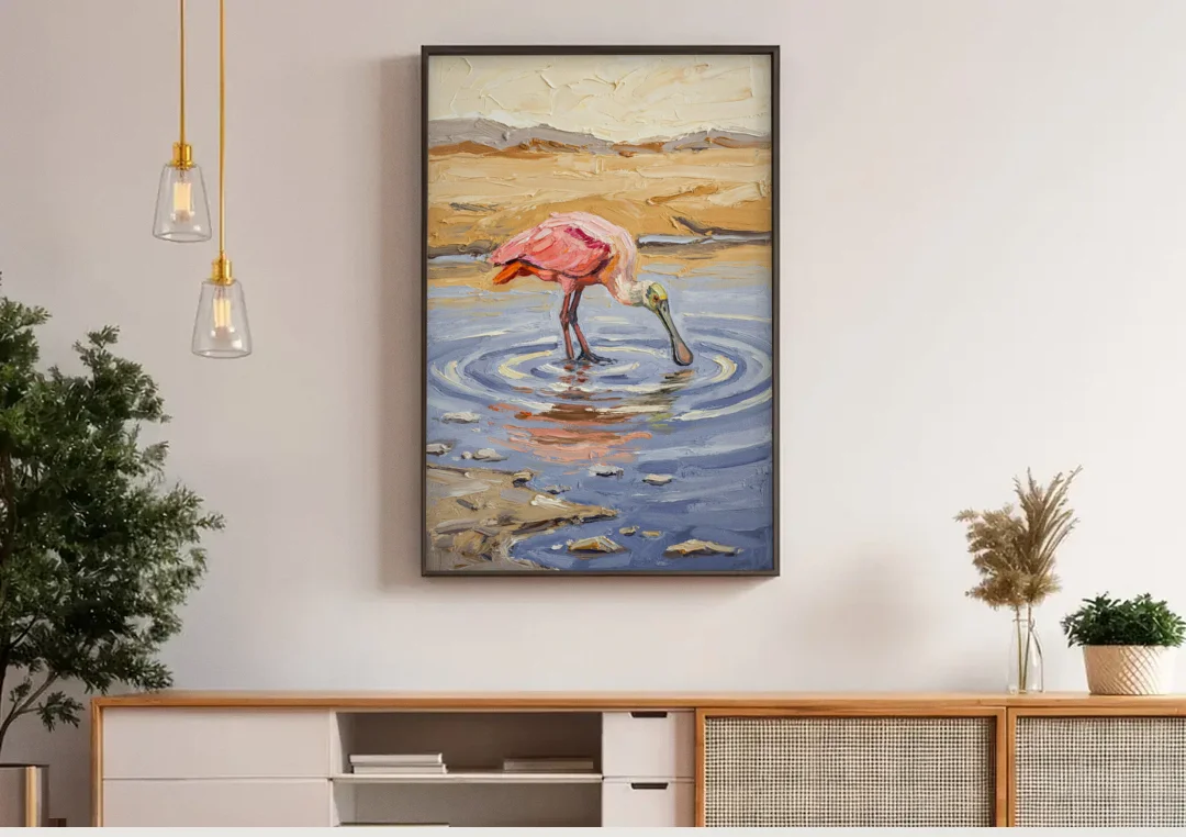 Spoonbill Painting in Golden Shallows canvas wall art above a wooden sideboard under pendant lights