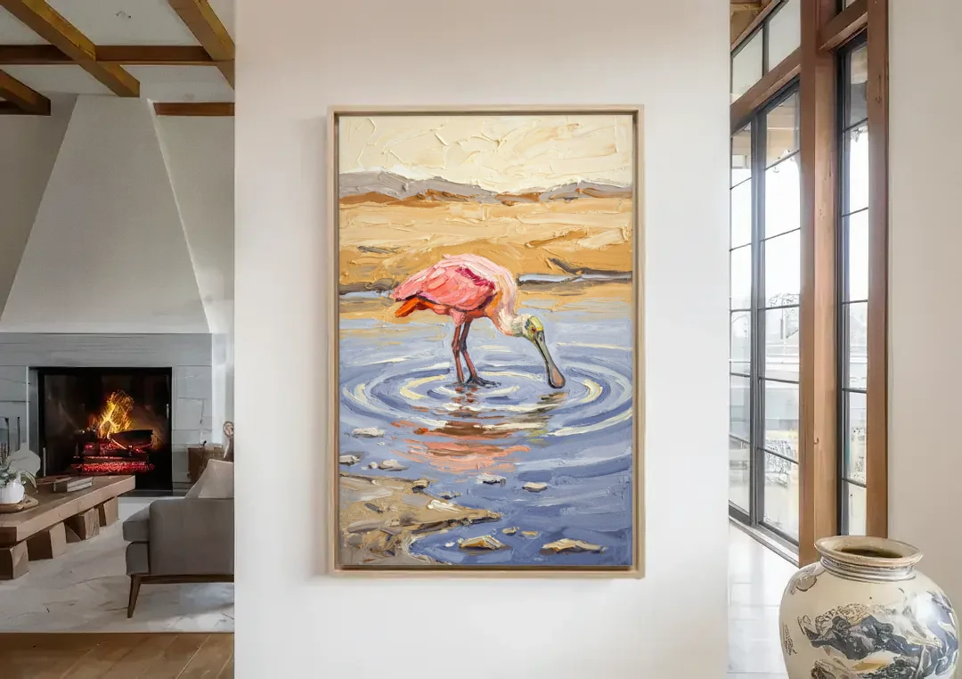 Spoonbill Painting in Golden Shallows canvas wall art in a living room with a fireplace