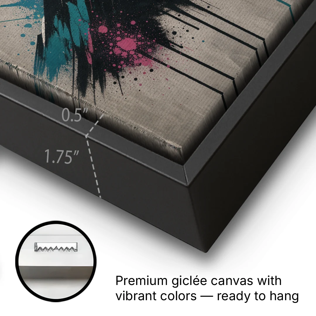 Street Art Spray Stencil Mountain Range Under Orange Sun - Black Framed Canvas Wall Art - Gallery Wrap Corner