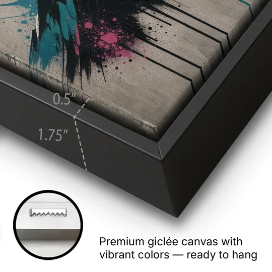 Street Art Spray Stencil Mountain Range Under Orange Sun - Black Framed Canvas Wall Art - Gallery Wrap Corner
