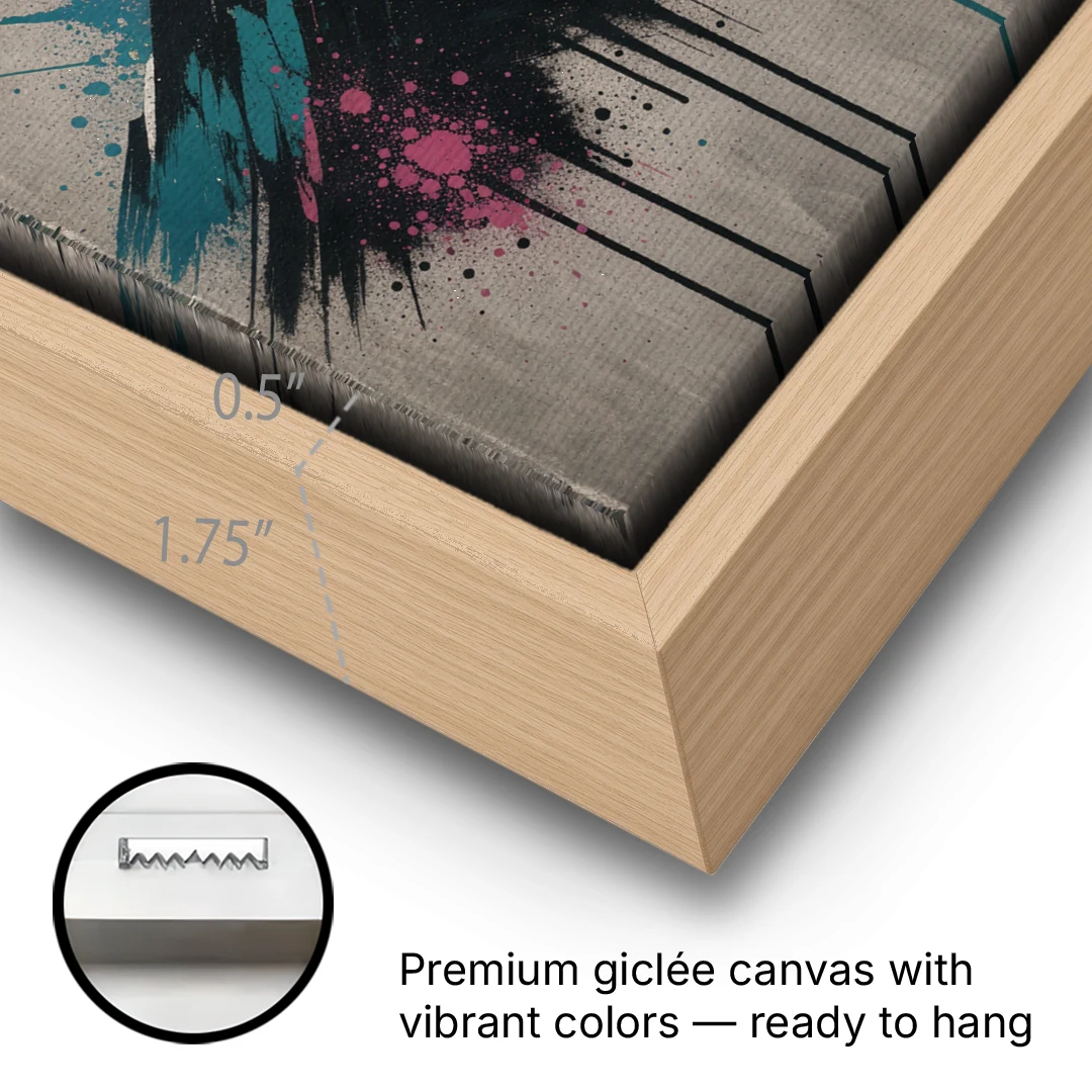 Street Art Spray Stencil Mountain Range Under Orange Sun - Oak Framed Canvas Wall Art - Gallery Wrap Corner