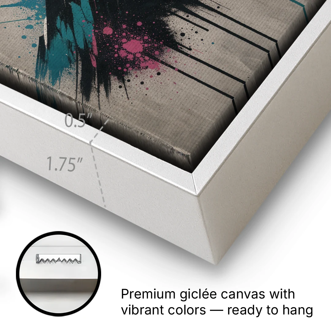 Street Art Spray Stencil Mountain Range Under Orange Sun - White Framed Canvas Wall Art - Gallery Wrap Corner