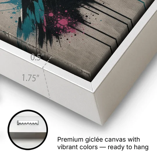Street Art Spray Stencil Mountain Range Under Orange Sun - White Framed Canvas Wall Art - Gallery Wrap Corner