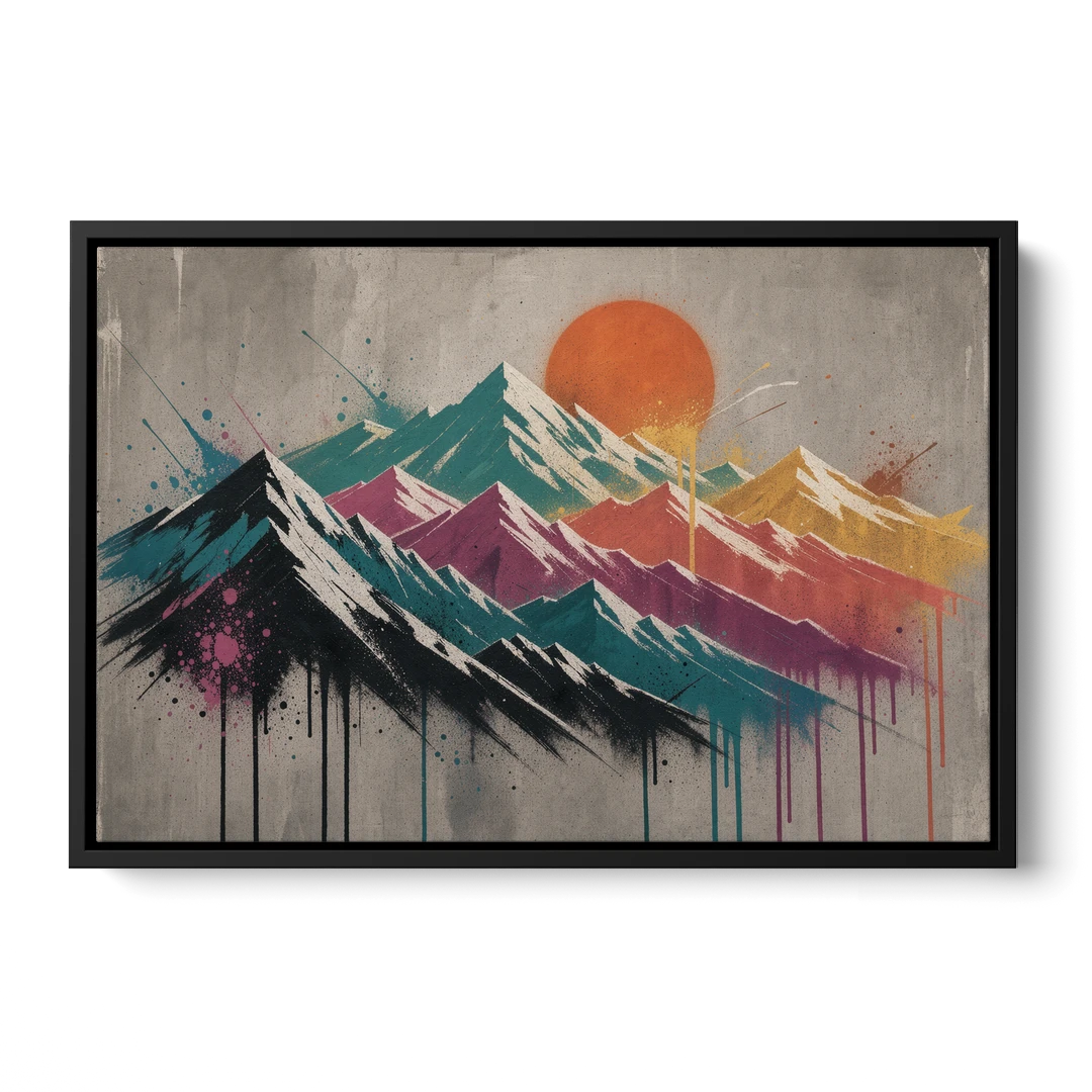 Street Art Spray Stencil Mountain Range Under Orange Sun - Black Framed Canvas Wall Art - Front