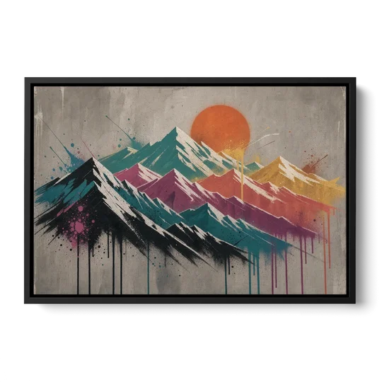 Street Art Spray Stencil Mountain Range Under Orange Sun - Black Framed Canvas Wall Art - Front