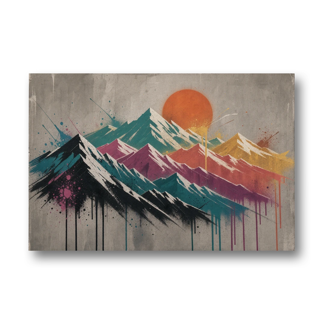 Street Art Spray Stencil Mountain Range Under Orange Sun - Canvas Wall Art - Front