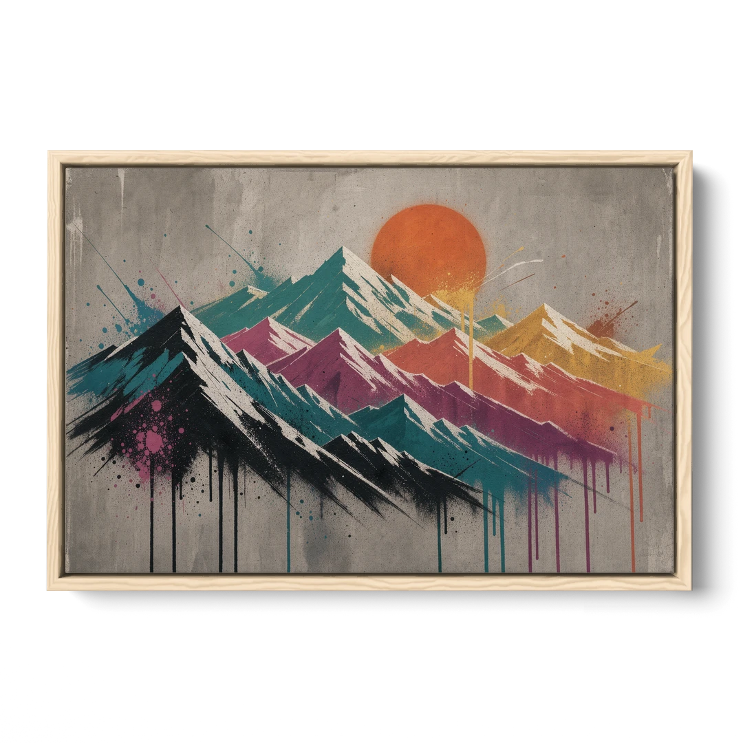 Street Art Spray Stencil Mountain Range Under Orange Sun - Oak Framed Canvas Wall Art - Front