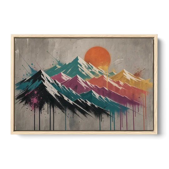 Street Art Spray Stencil Mountain Range Under Orange Sun - Oak Framed Canvas Wall Art - Front