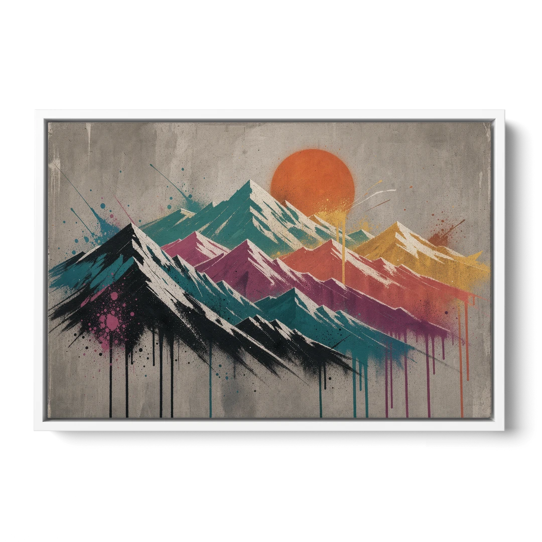 Street Art Spray Stencil Mountain Range Under Orange Sun - White Framed Canvas Wall Art - Front