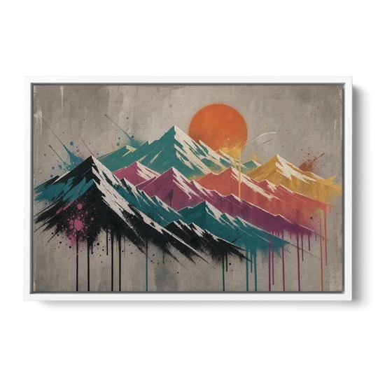 Street Art Spray Stencil Mountain Range Under Orange Sun - White Framed Canvas Wall Art - Front