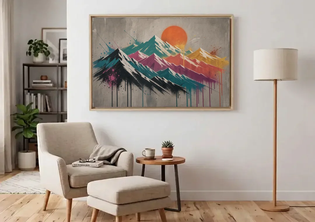 Street Art Spray Stencil Mountain Range Under Orange Sun canvas wall art above an armchair in a bright living room