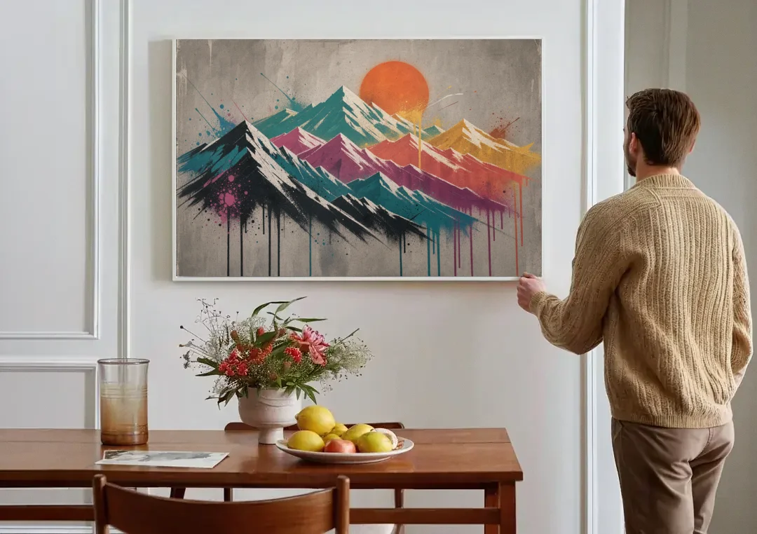 Street Art Spray Stencil Mountain Range Under Orange Sun canvas wall art above a dining table