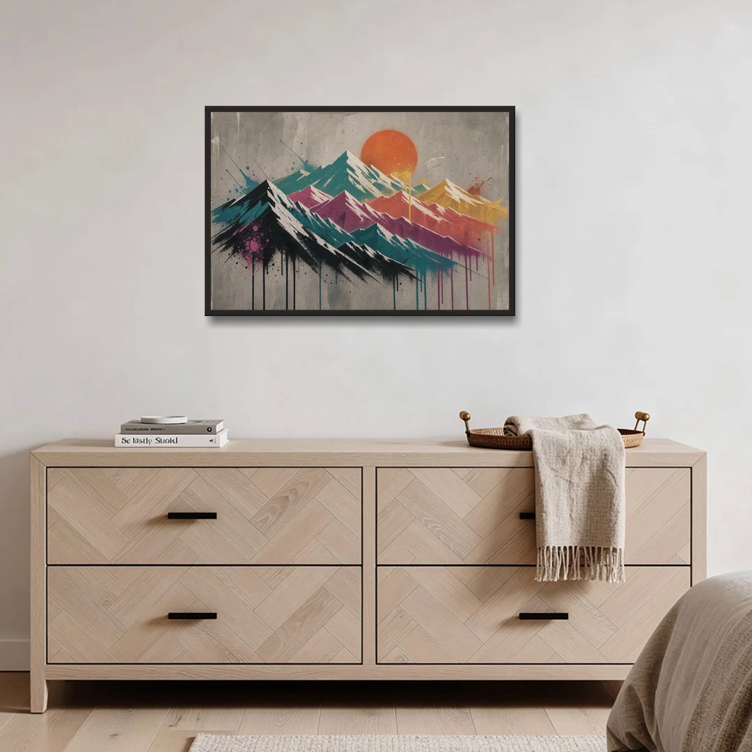 Street Art Spray Stencil Mountain Range Under Orange Sun - Black Framed Canvas Wall Art - Coffee Table - 36x24