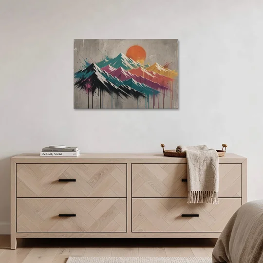 Street Art Spray Stencil Mountain Range Under Orange Sun - Canvas Wall Art - Coffee Table - 36x24