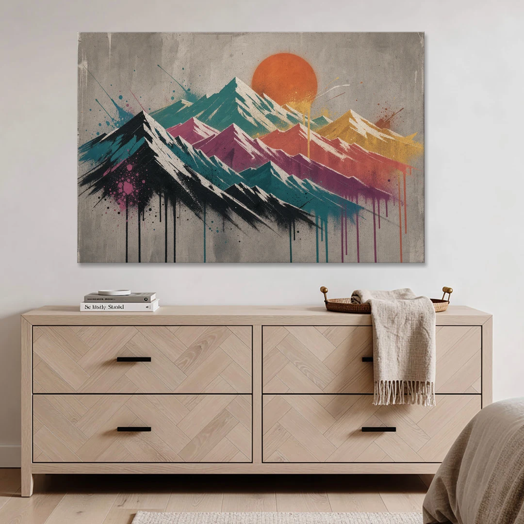 Street Art Spray Stencil Mountain Range Under Orange Sun - Canvas Wall Art - Coffee Table - 60x40