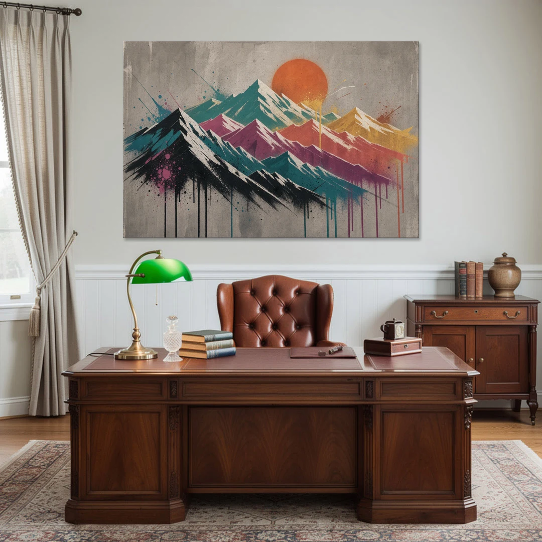 Street Art Spray Stencil Mountain Range Under Orange Sun - Canvas Wall Art - Office - 60x40