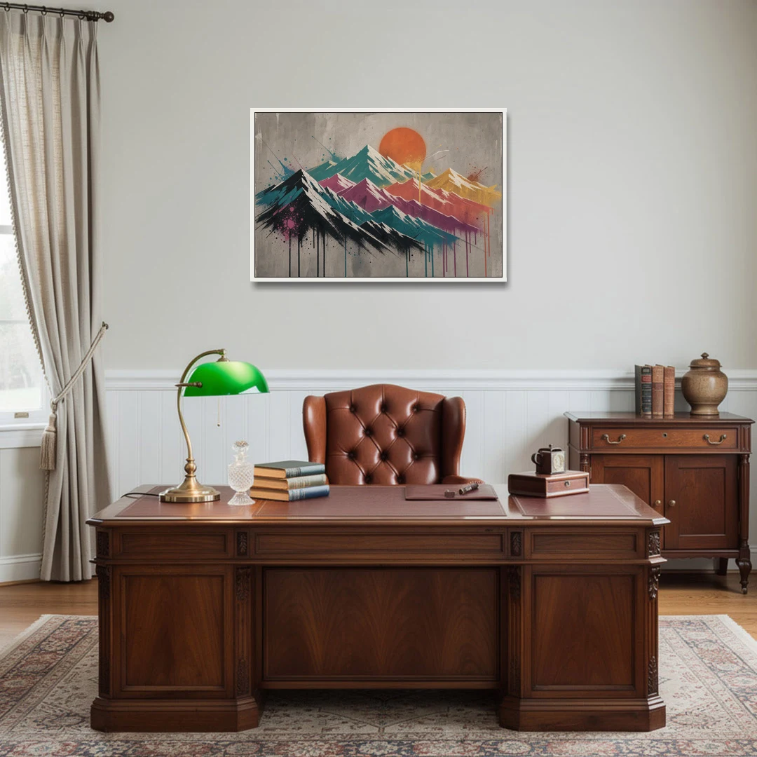 Street Art Spray Stencil Mountain Range Under Orange Sun - White Framed Canvas Wall Art - Office - 36x24