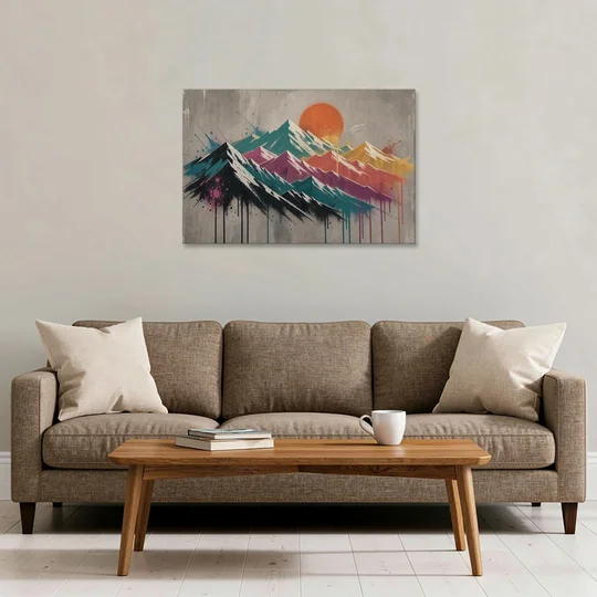 Street Art Spray Stencil Mountain Range Under Orange Sun - Canvas Wall Art - Sofa - 36x24