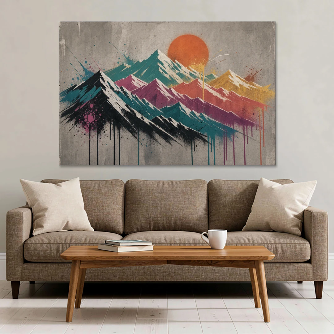 Street Art Spray Stencil Mountain Range Under Orange Sun - Canvas Wall Art - Sofa - 60x40