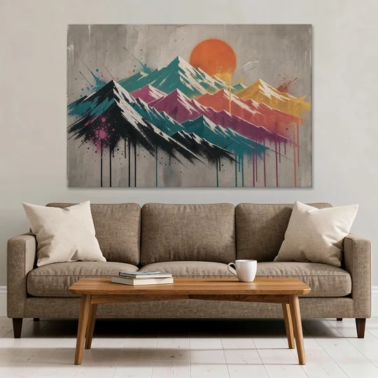 Street Art Spray Stencil Mountain Range Under Orange Sun - Canvas Wall Art - Sofa - 60x40