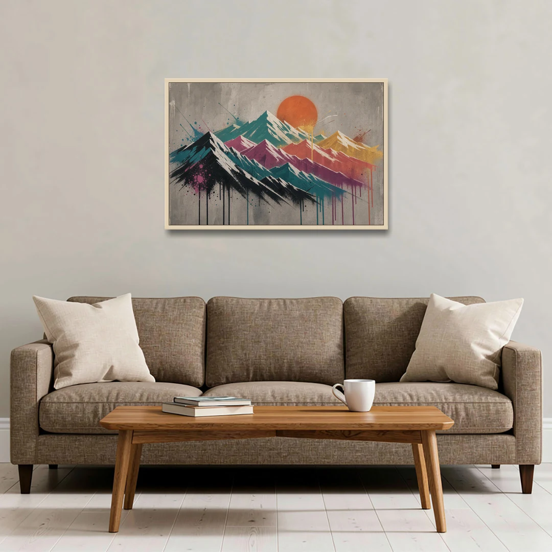 Street Art Spray Stencil Mountain Range Under Orange Sun - Oak Framed Canvas Wall Art - Sofa - 36x24